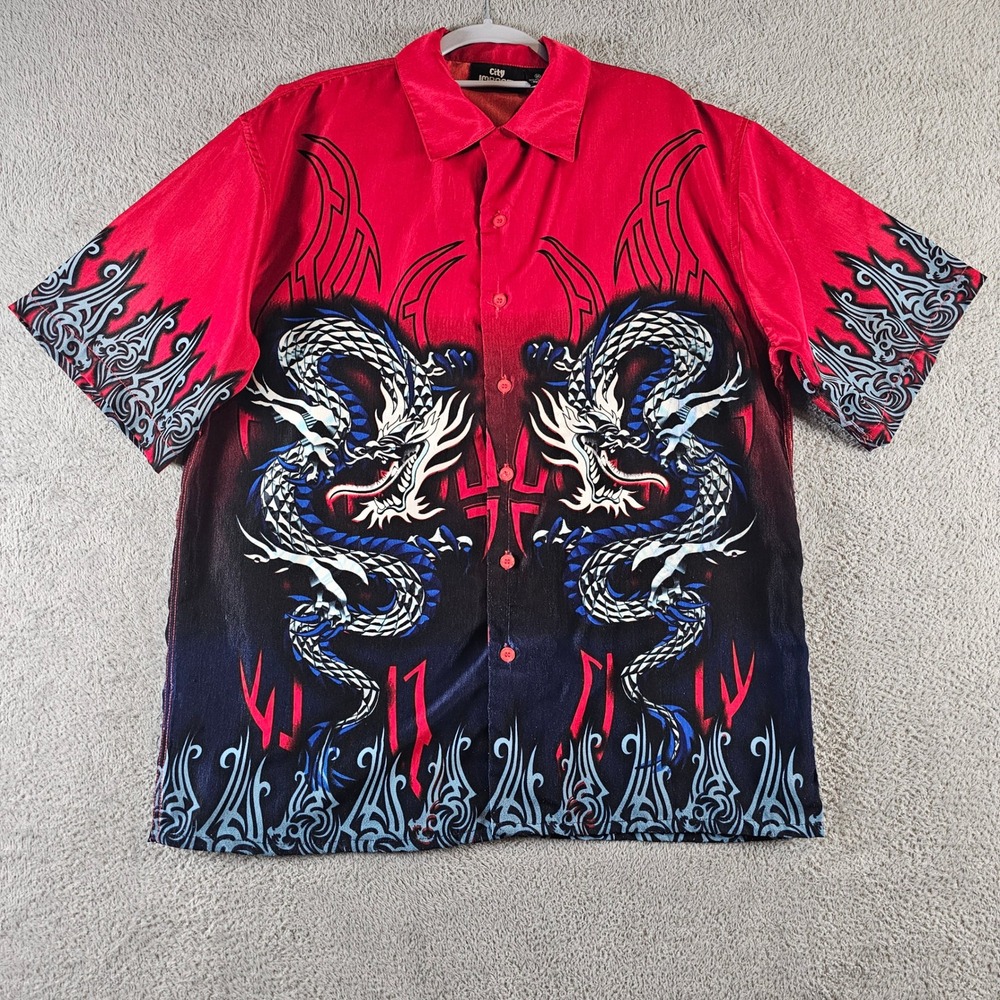 City Impact Mens Red Black Dragon Tribal Graphic Button Down Shirt Size M Y2K